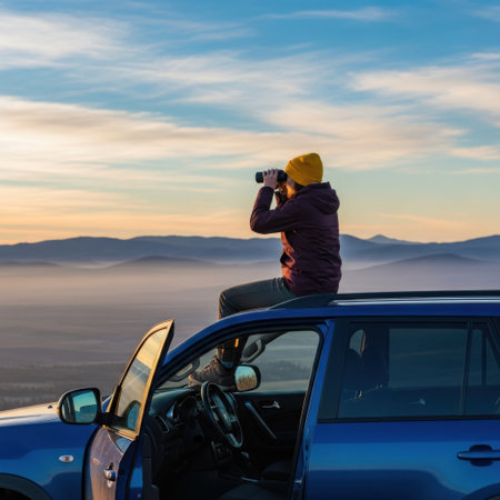 In this image, a person is standing on the roof of a blue car, using binoculars to observe a breathtaking mountain range. The scene is set during either sunrise or sunset, with a beautiful gradient of colors in the sky. The person is wearing a yellow beanie and a dark hoodie, adding a pop of color to the serene landscape. The car is parked in a high-altitude area, allowing for an unobstructed view of the foggy valley below and the distant mountains. The overall atmosphere is peaceful and adventurous.の素材
