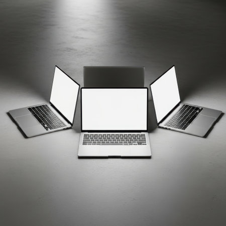 Laptop computer with blank screen on grey background. 3d renderの素材