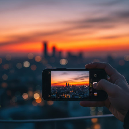 Taking a photo of the city at sunset with a smart phone.の素材