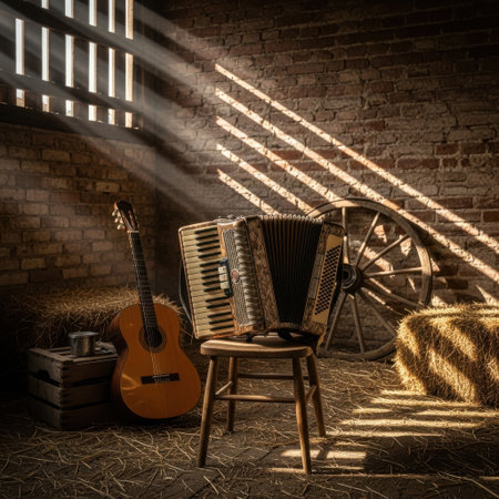 Musical instruments - accordion, guitar and wooden wheel in a dark roomの素材
