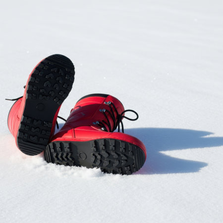 Red snowshoes on the snow. Winter shoes on snow.の素材
