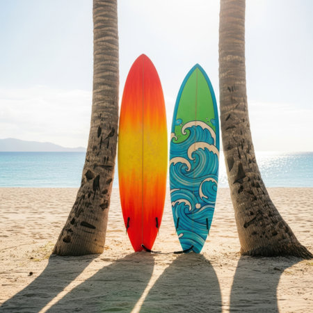 Surfboards on the beach with palm trees and blue sky backgroundの素材