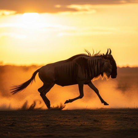 Wildebeest (Equus gnu) running in dust at sunsetの素材