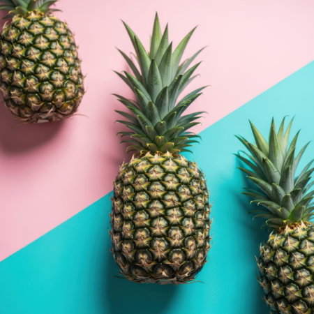 Fresh pineapples on a pink and blue background, top viewの素材