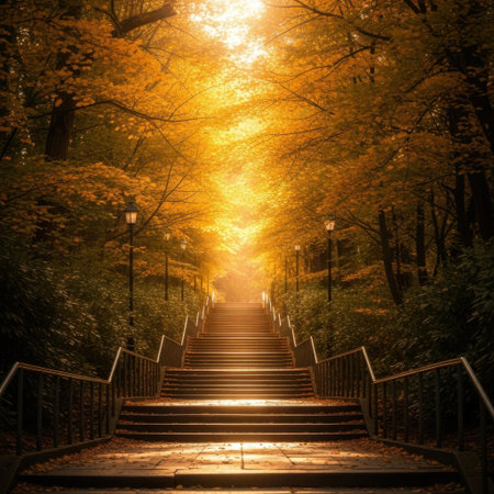 Stairs in the autumn park at sunset. Beautiful autumn landscape.の素材