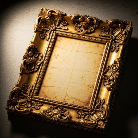 Old photo frame on the wall. Vintage style toned picture.の素材