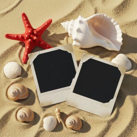 Vintage photo frames and seashells on the sand. Retro styleの素材