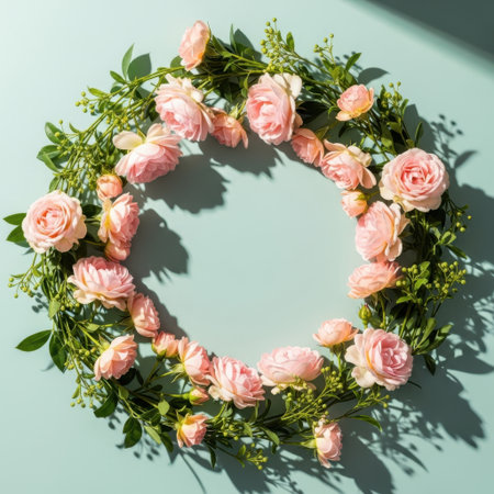 Flowers composition. Wreath made of pink roses on pastel blue background. Flat lay, top view, copy spaceの素材