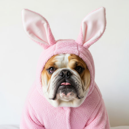 Cute English Bulldog wearing bunny ears and a pink bathrobeの素材