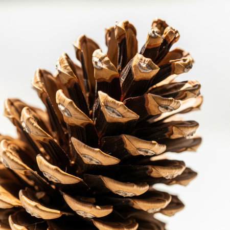 A detailed close-up photograph of a pine cone, showcasing its intricate texture and scales. The pine cone is positioned centrally, with a soft, blurred background that highlights its natural patterns and earthy tones.の素材