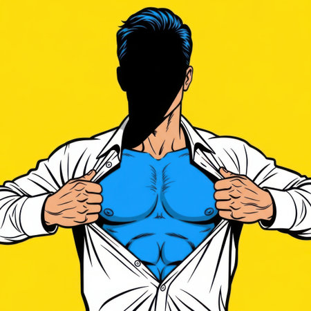 A man with dark hair is shown from the back, holding open his white shirt to reveal a blue superhero chest underneath. The background is a bright yellow.の素材