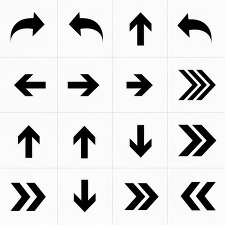 This image features a variety of directional arrows, each pointing in different directions. The arrows include left, right, up, down, and diagonal directions, depicted with simple and bold black lines on a white background.の素材