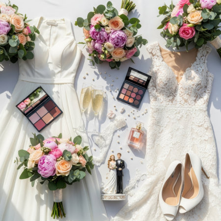 A beautifully arranged collection of wedding essentials including a stunning white wedding dress, elegant bouquets of flowers, makeup palettes, champagne flutes, a perfume bottle, a bride and groom figurine, and a pair of white high-heeled shoes.の素材