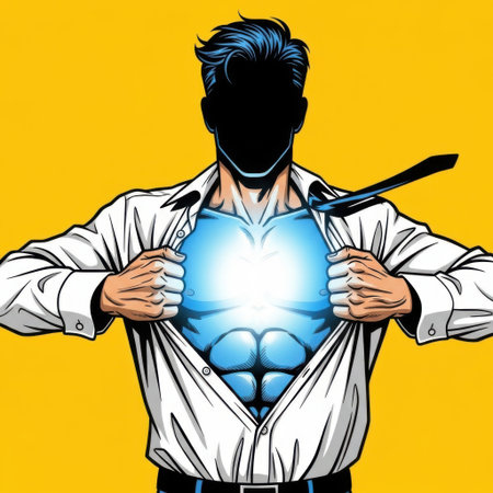 This image features a businessman revealing a superhero symbol on his chest. The figure is depicted in a comic-style illustration with a transparent background, emphasizing the central character against a white backdrop. The image is SEO-friendly and highlights the themes of business and heroism.の素材