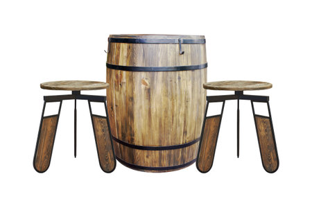 Bar Furniture, Barrel Table and Chairs Isolated on White Background with Clipping Pathの写真素材
