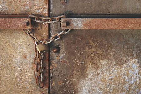 Rusty Chain with Lock on old Metal Double Doorsの写真素材