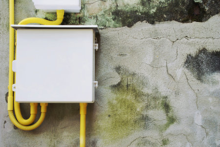 Electrical Panel with Yellow Flexible Conduit Wiring on Old Damaged Cement Plaster Wallの写真素材