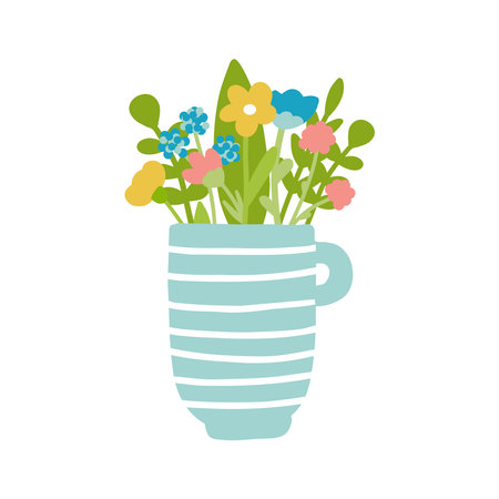 Flowers in cup vector illustration isolated on white background. Different colorful flowers in flat design and cute simple style. Light blue cup with white stripes.のイラスト素材