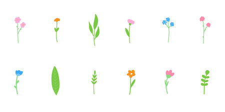 Minimalistic spring florals vector illustration set. Cartoon simple flowers, leaves, brunches, plants isolated on white background.のイラスト素材
