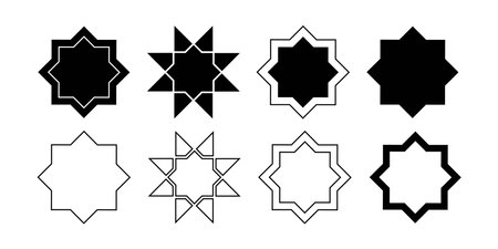 Vector icon set eight pointed star. Outline contour black silhouette arabic geometric design various elements.のイラスト素材