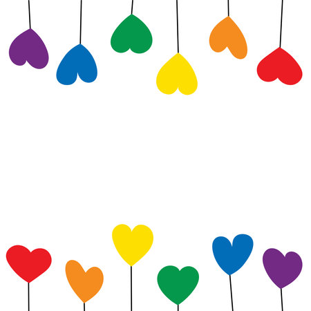 Square background with hand drawn hearts in colors of rainbow. Flat vector illustration. Copy space.のイラスト素材