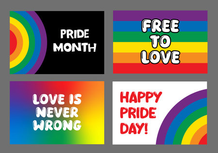 Pride month horizontal backgrounds set vector illustration. Rainbow colors and typography.のイラスト素材