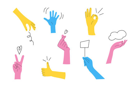 Colorful hands gestures set vector illustration isolated on white background. Simple flat designのイラスト素材