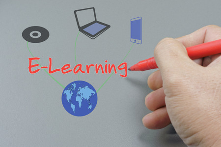 Hand writing ELeraning with red penの写真素材