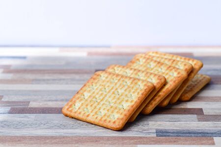 Close up view of Crackers on tableの写真素材