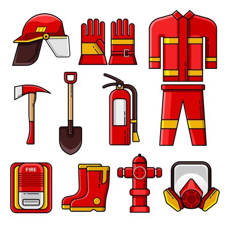 Set of firefighter safety gear icons and elements.のイラスト素材