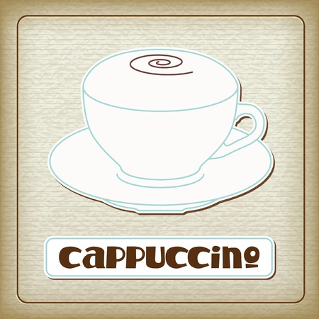 A cup of hot cappuccino in the old cardboard texture. Vintage collection. The other images of coffee drinks (ristretto, americano, espresso, etc.) from this collection in my portfolio.のイラスト素材