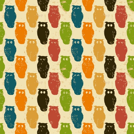 Halloween background. Retro styled owls in a seamless repeat pattern. Grunge.のイラスト素材