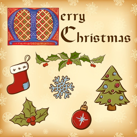 Vintage Christmas (New Year) elements. Gothic letteringのイラスト素材