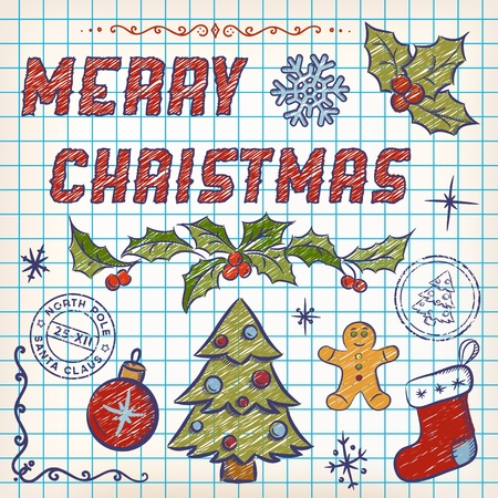Christmas Doodles. Design Elements on Sketchbook Paperのイラスト素材