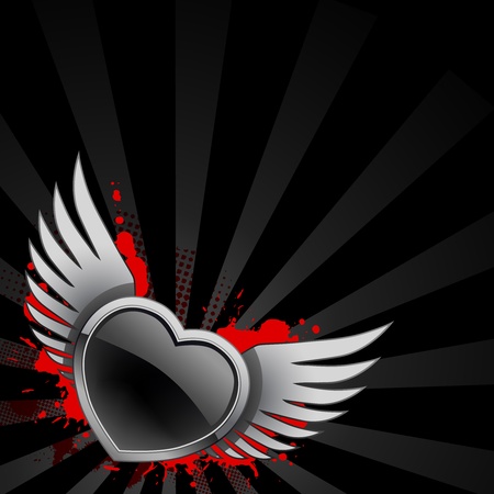 Black glossy heart with wings on background with red spotsのイラスト素材