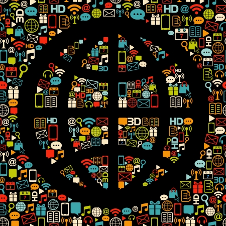 Globe made from colorful icons  Retro colors on black のイラスト素材