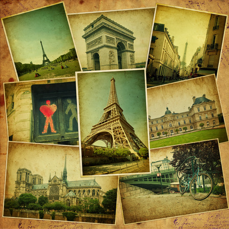 Vintage travel background with old photos of Paris の写真素材
