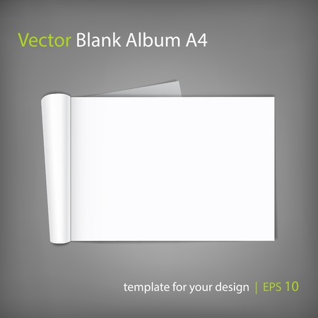 Blank open magazine with rolled page on neutral grey background . Horizontal orientation. Template for your design.のイラスト素材