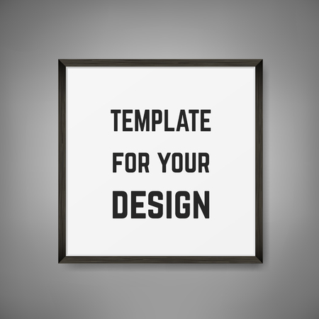 Square Blank picture frame template. Realistic black frame on grey wall for photo or poster.のイラスト素材