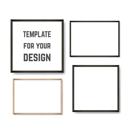 Set of Realistic Light and Dark Wooden Picture Frames on a White Wall, isolated on white. Design Template for Mock Up. Square and rectangle A4 shapes. Vectorのイラスト素材