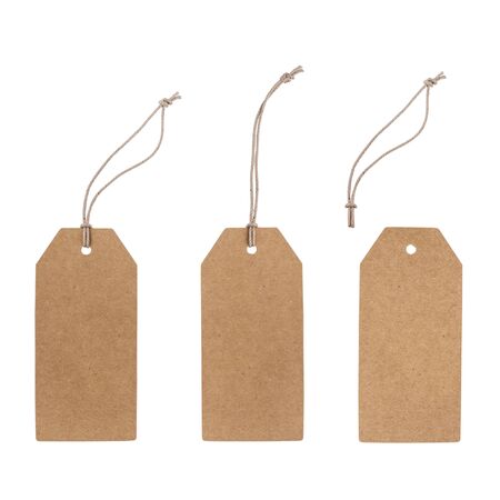 Set of blank cardboard tags isolated on white with different ropes. Without shadows, easy to use for your design.の写真素材