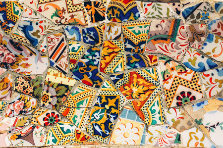 Mosaic on a bench in Park Guell. Gaudi. Barcelona. Spainの写真素材