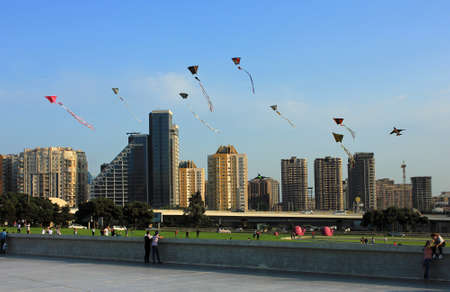 Azerbaijan. 08.26.2017 year. Holiday competitions. Launching a snake. Baku city. In the hot summer.のeditorial素材