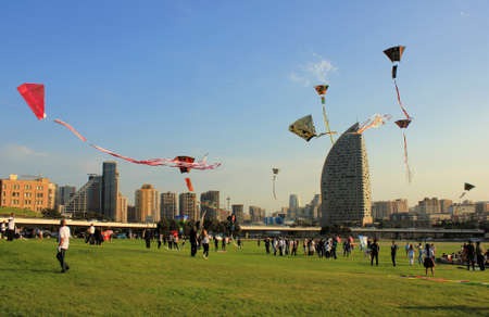 Azerbaijan. 08.26.2017 year. Holiday competitions. Launching a snake. Baku city. In the hot summer.のeditorial素材