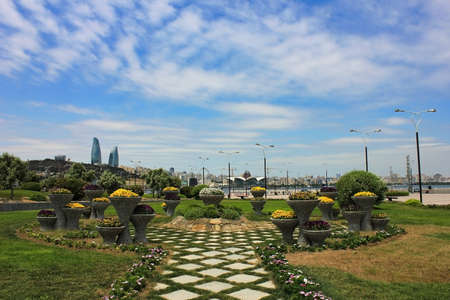 Azerbaijan. Flower beds on the boulevard in the city of Baku. In early spring.の写真素材