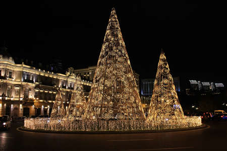 Azerbaijan. 2019 year. Beautiful New Year tree in Baku city. On the Azneft Square. Winter.のeditorial素材