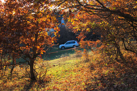 Ismayilli region. Azerbaijan. 09/11/2019 Car in a beautiful autumn forest at sunset of the day.のeditorial素材