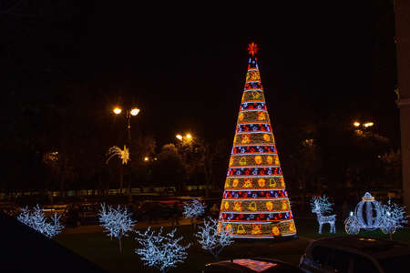 Azerbaijan. 2019 year. Beautiful New Year tree in Baku city. Near the Maiden's Tower. Winter.のeditorial素材