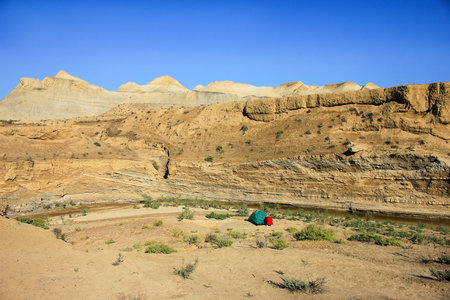 Green tent in a canyon near the town of Sangachaly. Azerbaijan.の写真素材