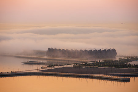 baku city. Azerbaijan. May 16, 2021 Crystal Hall on Primorsky Boulevard in the fog.のeditorial素材